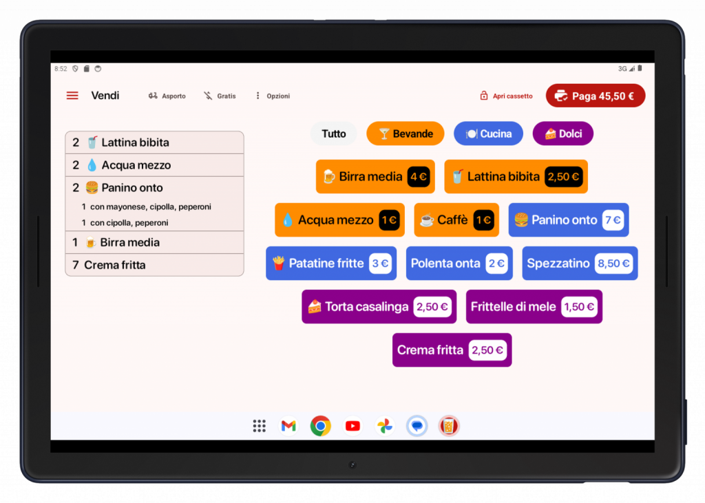 Schermata dell'applicazione FestaPOS attiva su un tablet Android per gestire il menu, i prezzi, la cassa e le comande della cucina durante una sagra di paese