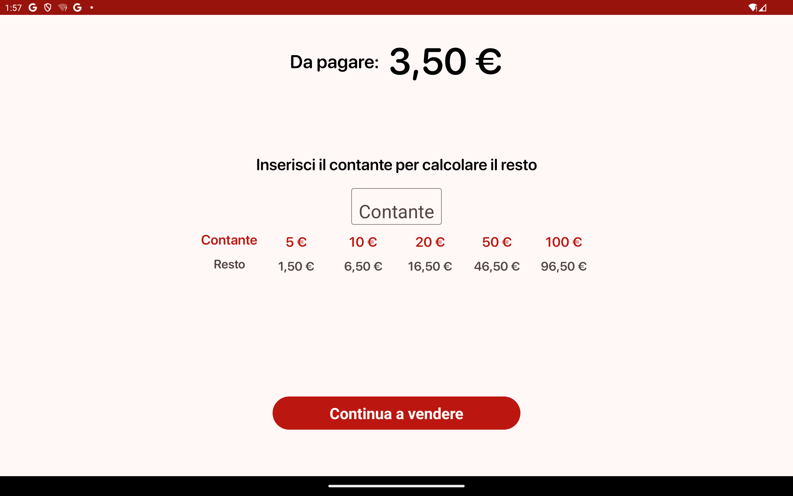 Schermata di riepilogo contanti su FestaPOS con la tabella dei resti precalcolati per ciascun taglio standard