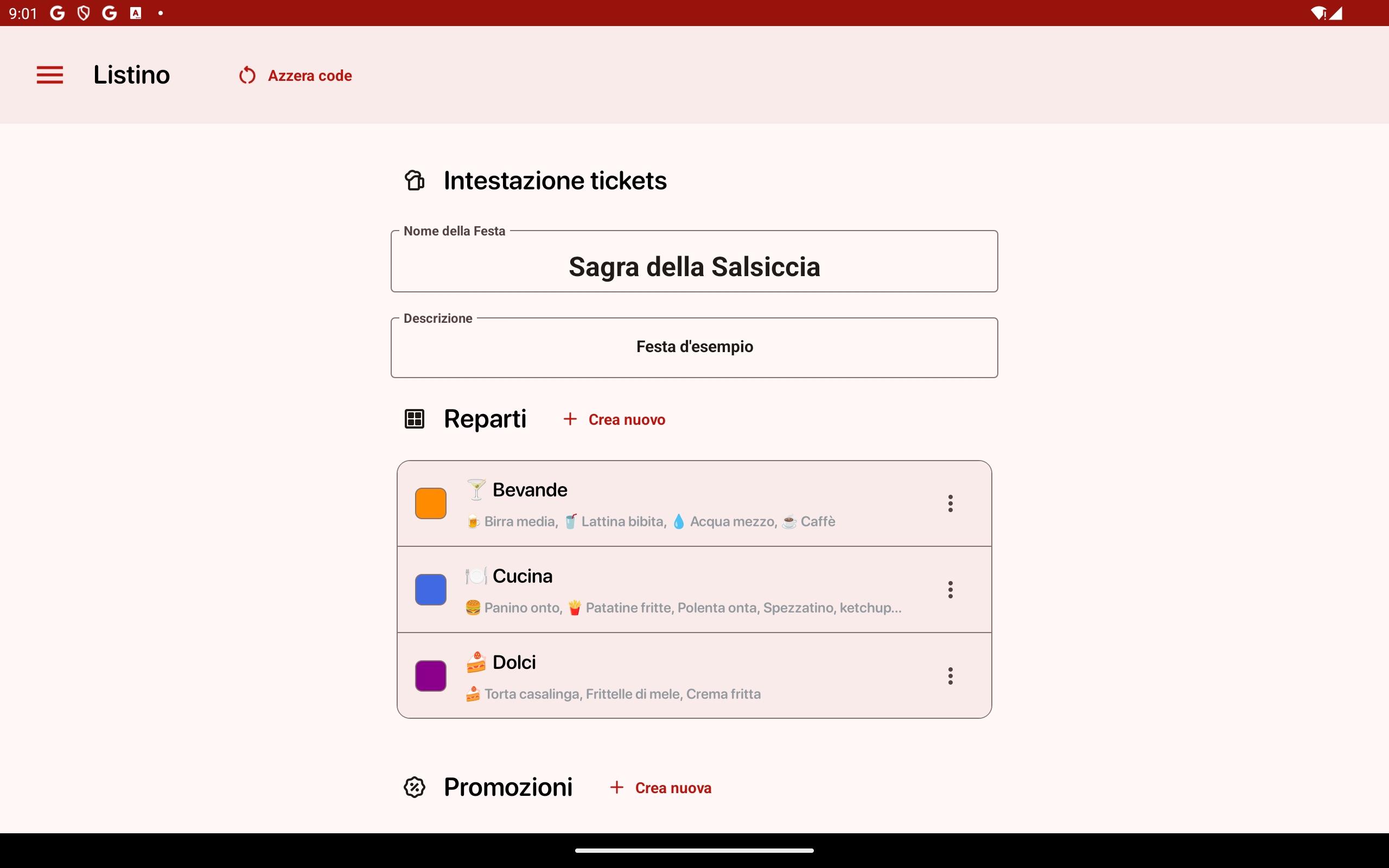 Configurazione del listino prezzi, dei reparti e delle varianti nel backoffice di FestaPOS