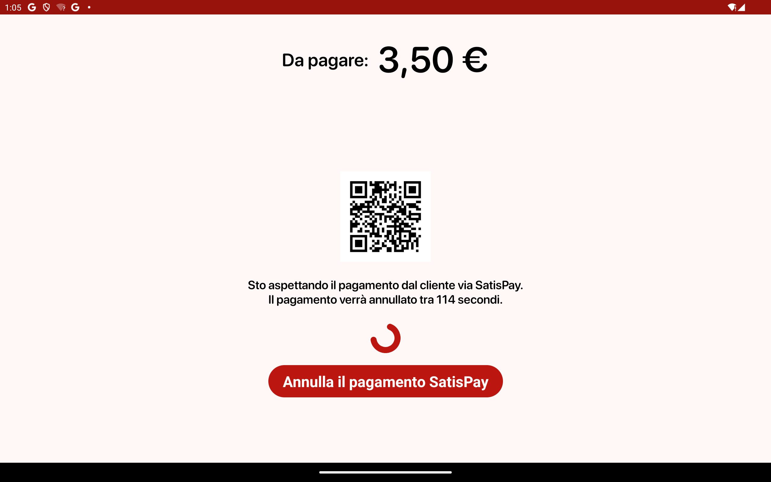 Schermata di pagamento con QR Code dinamico Satispay sul tablet di cassa FestaPOS