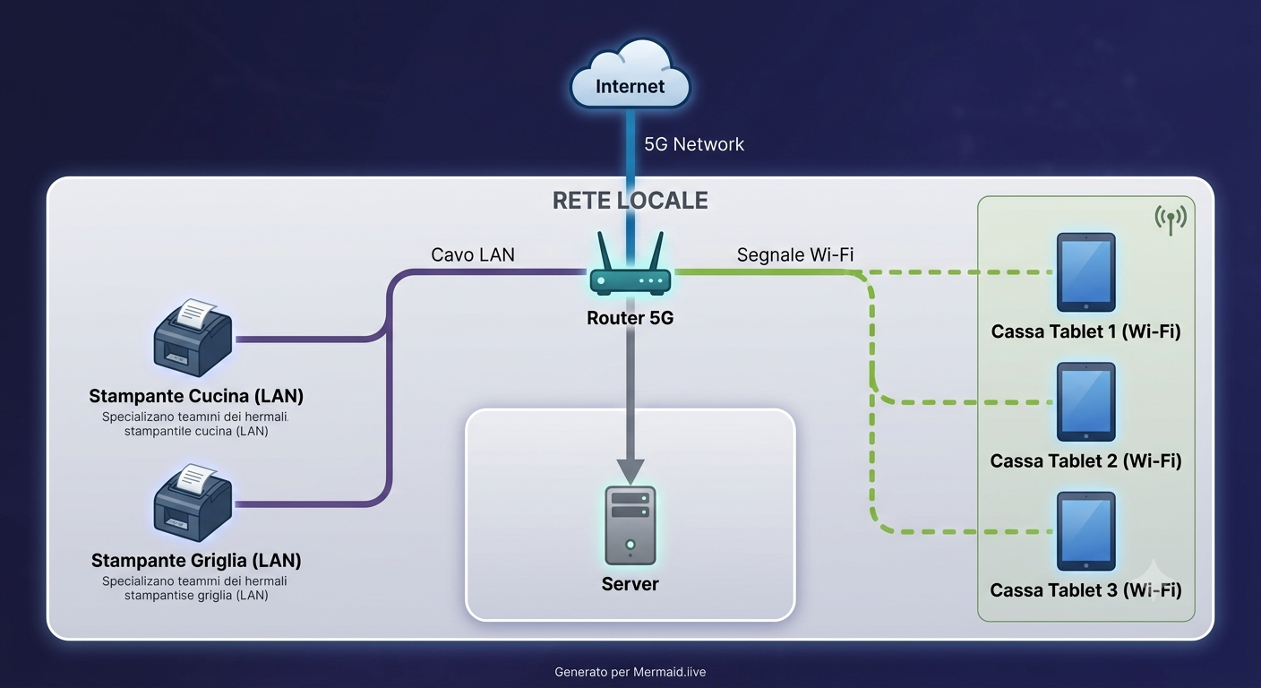 Schema di collegamento tra Router 5G, Casse Android, Stampanti Ethernet e Server Locale FestaPOS